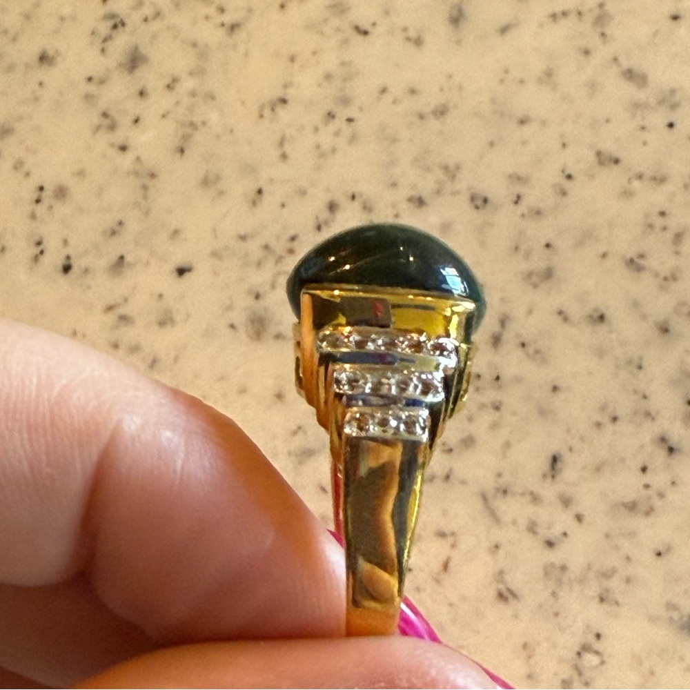 Vintage 925 Gold-Tone Sterling Ring Size 8 Green Cat’s Eye Cabochon - Picture 3 of 7